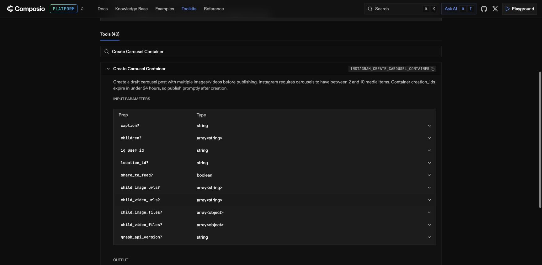 Composio tool reference · Create Carousel Container