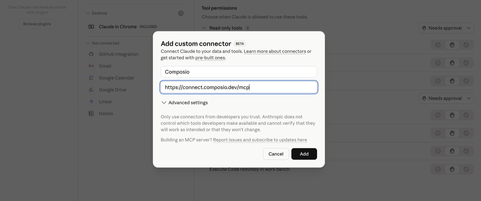 Custom-connector setup · screenshot from Composio’s Claude guide