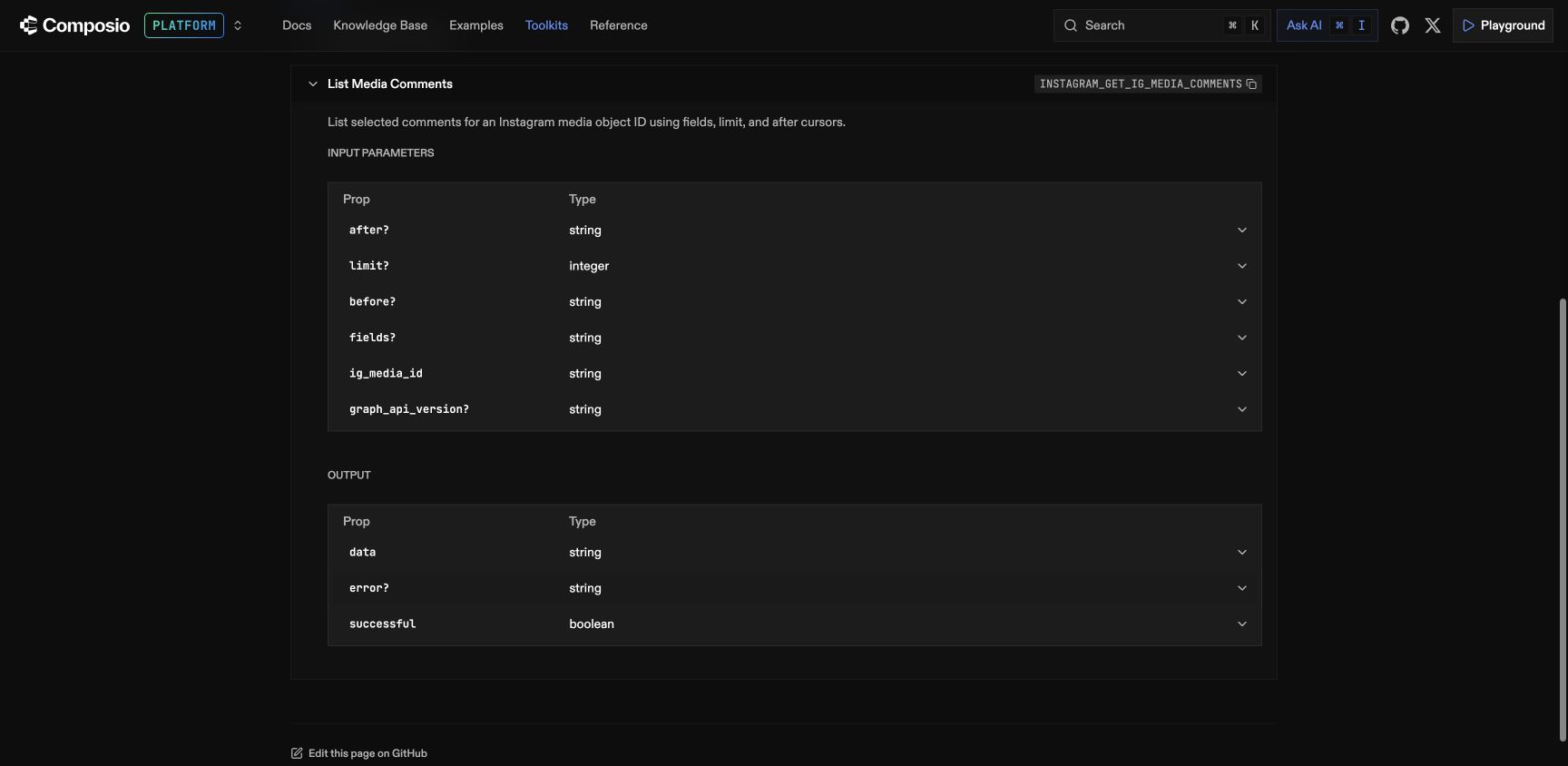 Composio tool reference · List Media Comments