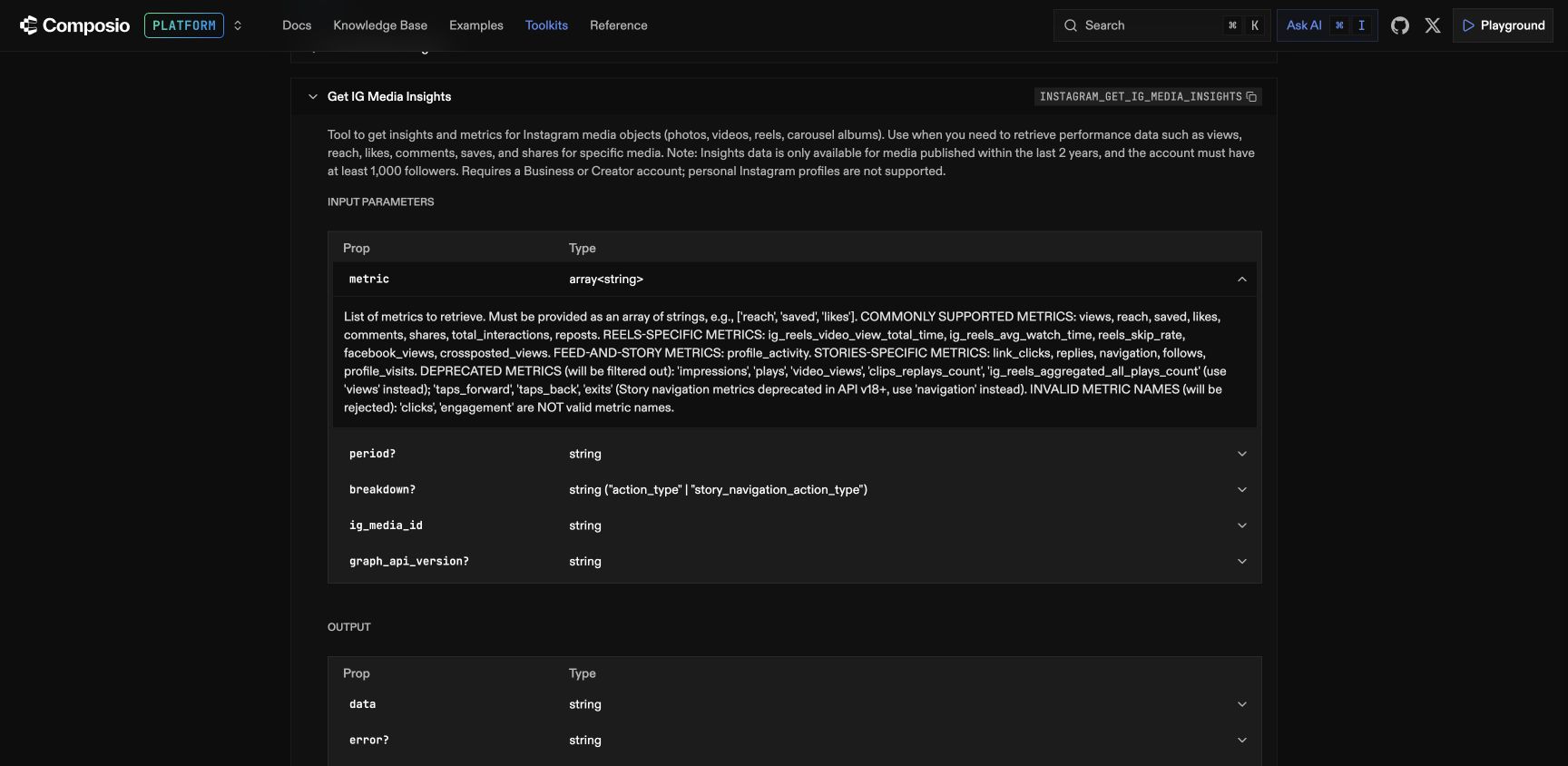 Composio tool reference · Get IG Media Insights