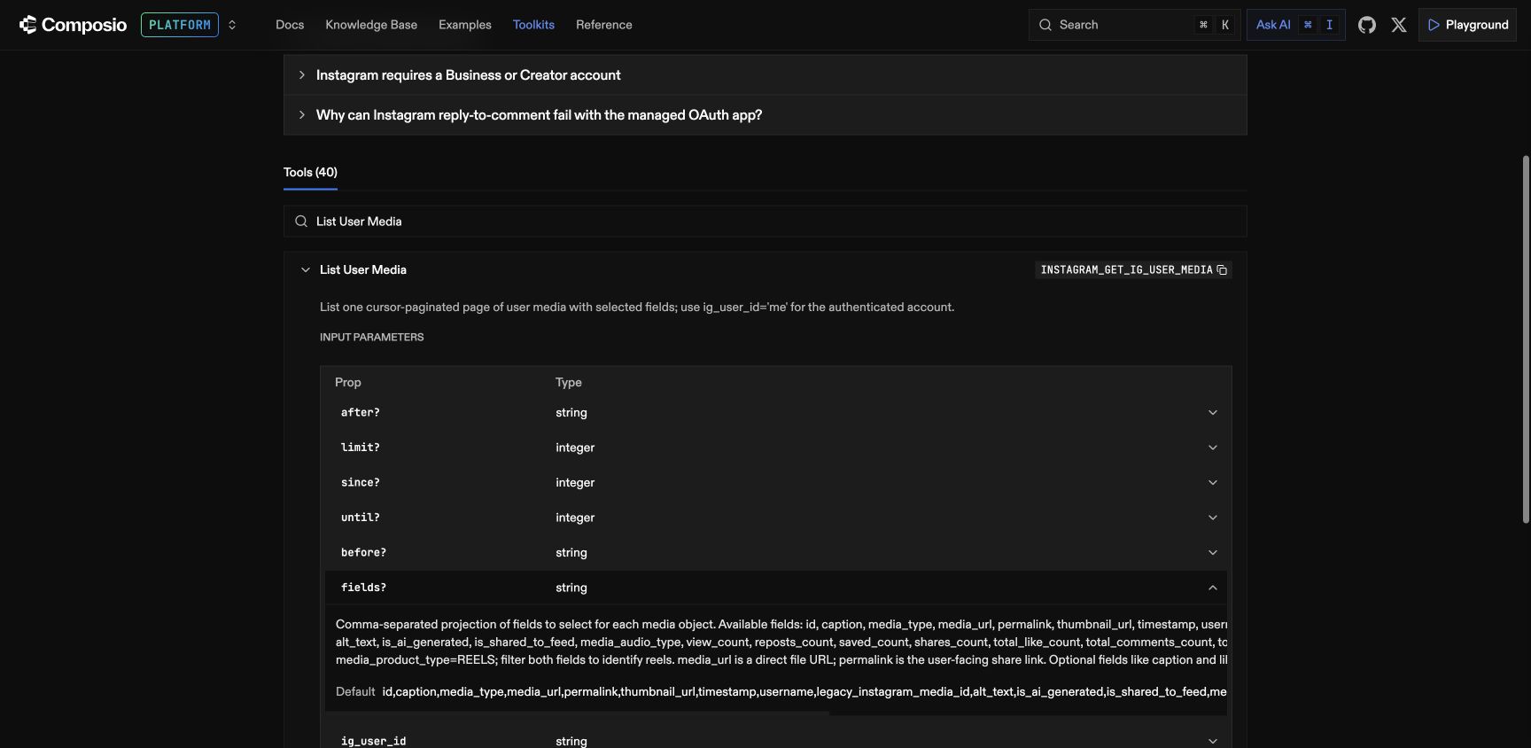 Composio tool reference · List User Media