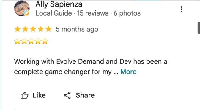 Google review from Ally Sapienza: working with Evolve Demand and Dev has been a complete game changer