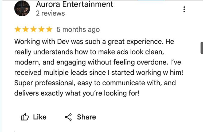 Google review from Aurora Entertainment: multiple leads since starting, clean modern ads, delivers exactly what you are looking for