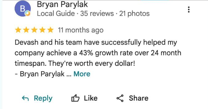 Google review from Bryan Parylak, Smart Shield Windows: a 43% growth rate over a 24 month timespan, worth every dollar