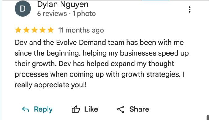Google review from Dylan Nguyen, J'ADORE Nails: with me since the beginning, helping my businesses speed up their growth