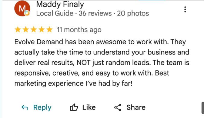 Google review from Maddy Finaly: real results, not just random leads, best marketing experience by far
