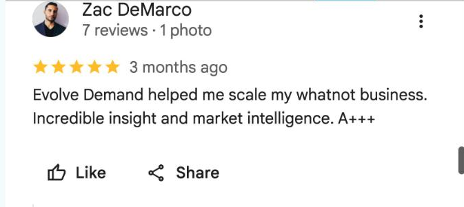 Google review from Zac DeMarco: helped me scale my Whatnot business, incredible insight and market intelligence
